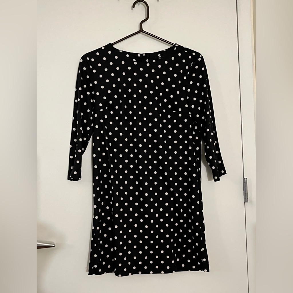 H&M Black And Cream Long Sleeve Polka Dotted Dress, Size S Clearance